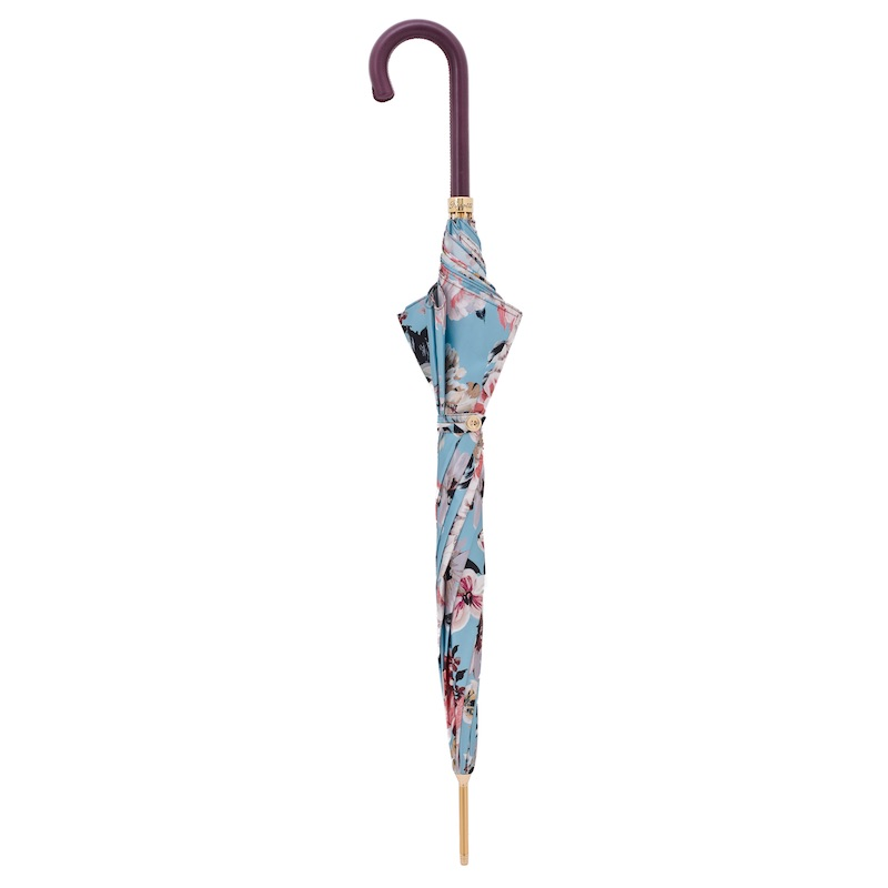 Flowered Umbrella with Burgundy Leather Handle – Handmade in Italy