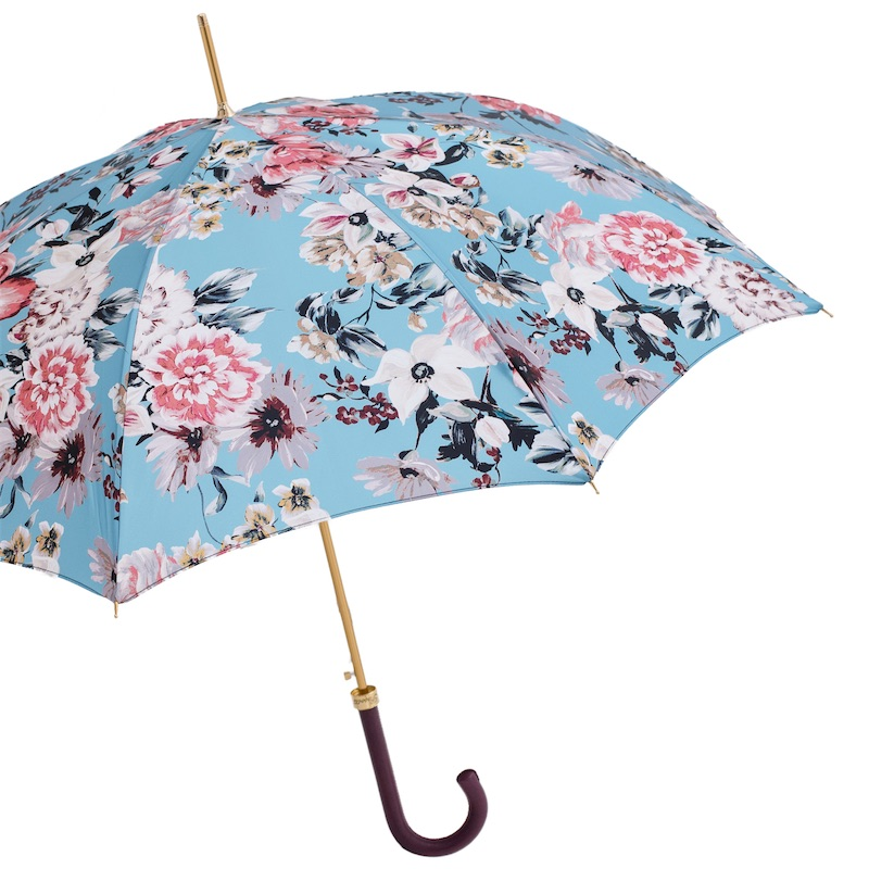 Flowered Umbrella with Burgundy Leather Handle – Handmade in Italy