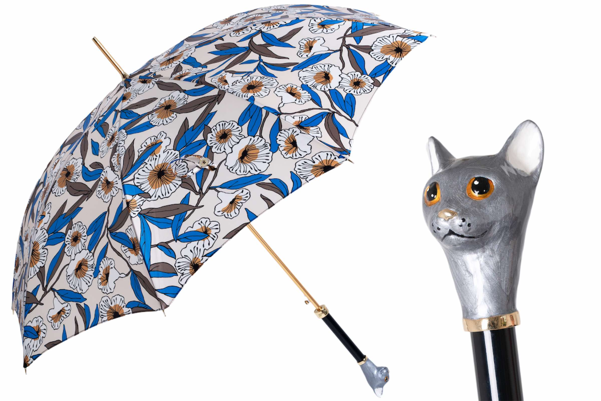 Grey Cat Umbrella with Enameled Brass Handle – Handmade in Italy
