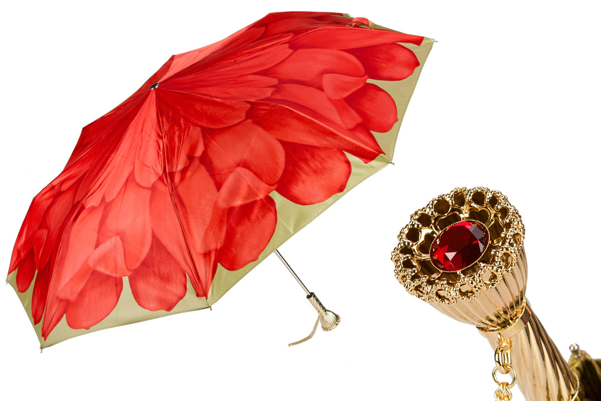Luxury Designer Red Dahlia Folding Umbrella – Handmade in Italy