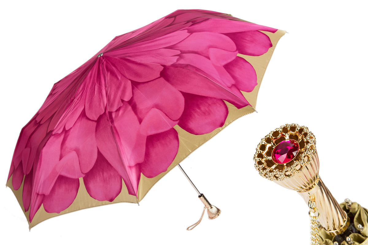 Chic Brass Handle Pink Dahlia Folding Umbrella – Manual Opening