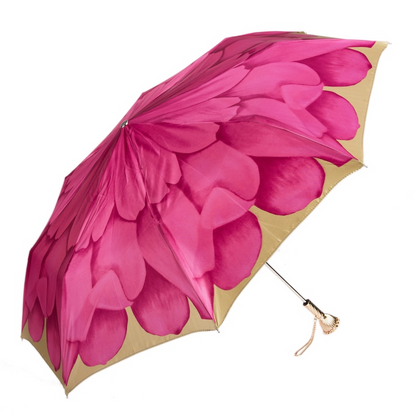 Chic Brass Handle Pink Dahlia Folding Umbrella – Manual Opening