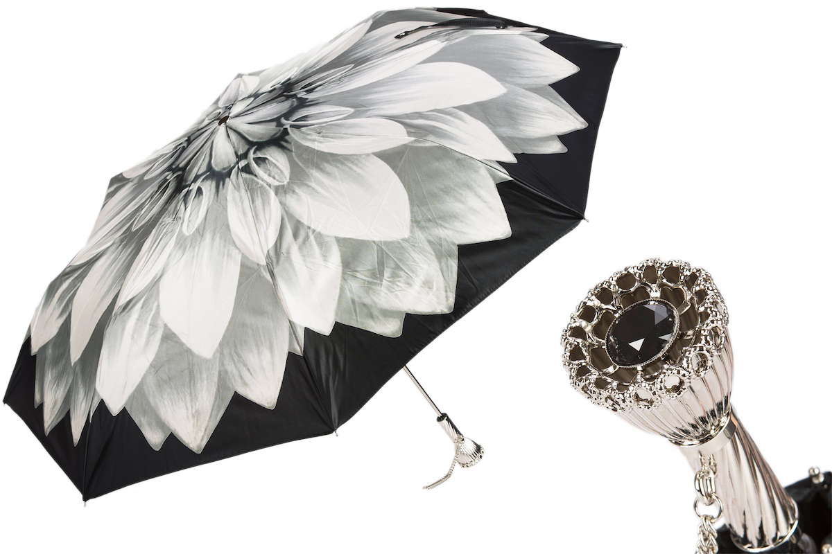 Designer Silver Dahlia Folding Umbrella – Handmade in Italy