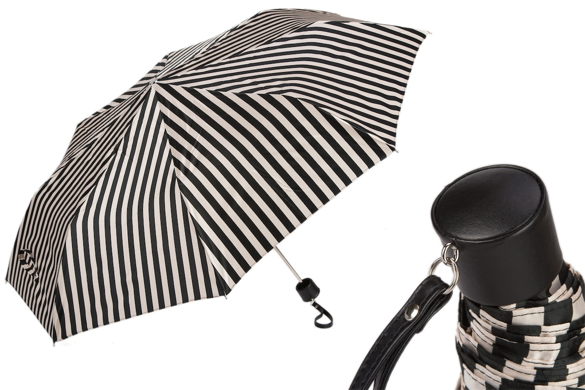 Leather Handle Striped Folding Umbrella – Handmade in Italy