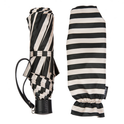 Leather Handle Striped Folding Umbrella – Handmade in Italy