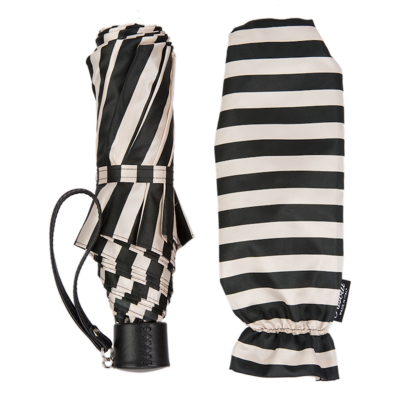 Leather Handle Striped Folding Umbrella – Handmade in Italy