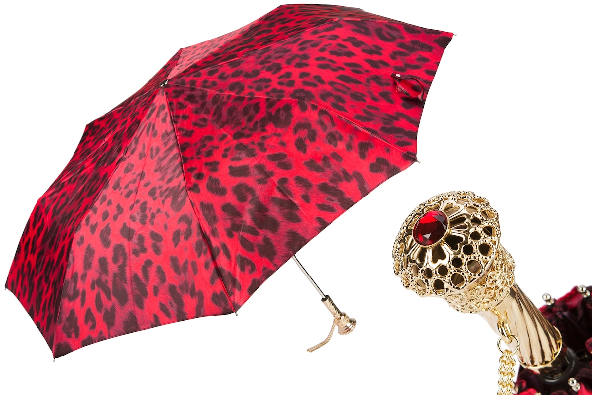 Unique Black and Red Animalier Folding Umbrella – Handmade in Italy