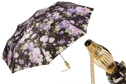 Luxury Design Dark Flowered Folding Umbrella – Handmade in Italy