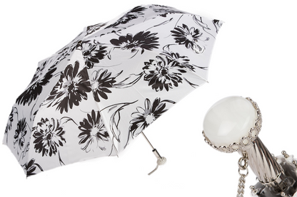 Chic Black and White Flowered Folding Umbrella – Handmade in Italy