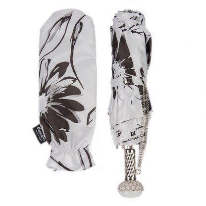 Chic Black and White Flowered Folding Umbrella – Handmade in Italy