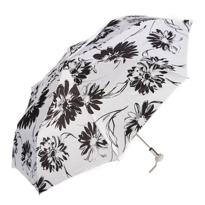 Chic Black and White Flowered Folding Umbrella – Handmade in Italy