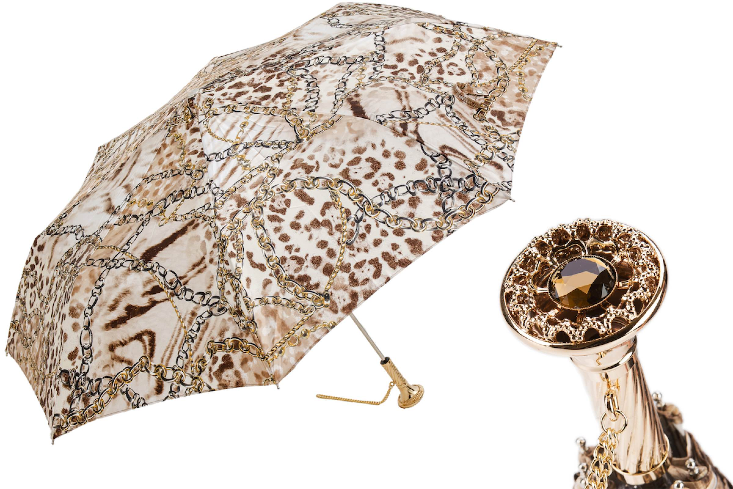 Folding Umbrella with Leopard Print and Chains – Handmade in Italy