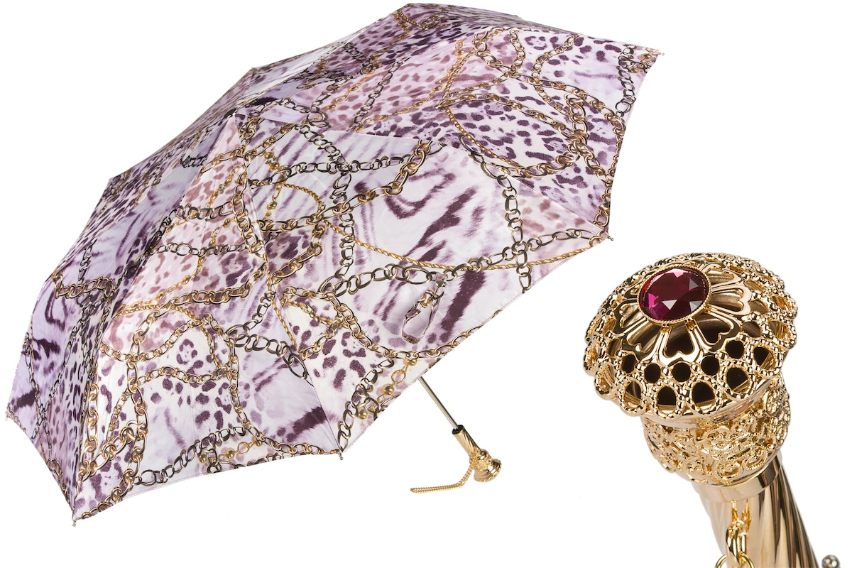 Elegant Animalier and Chains Print Folding Umbrella – Handmade in Italy