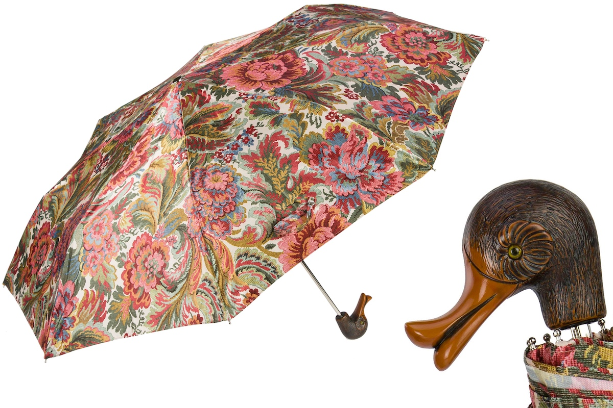 Flowered Design Folding Umbrella with Duck Handle – Handmade in Italy
