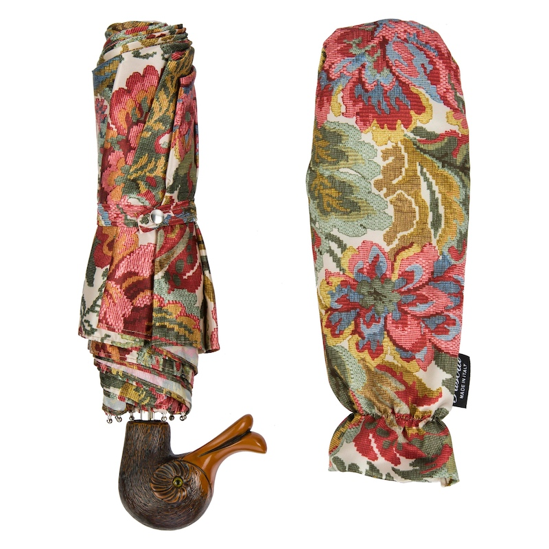 Flowered Design Folding Umbrella with Duck Handle – Handmade in Italy