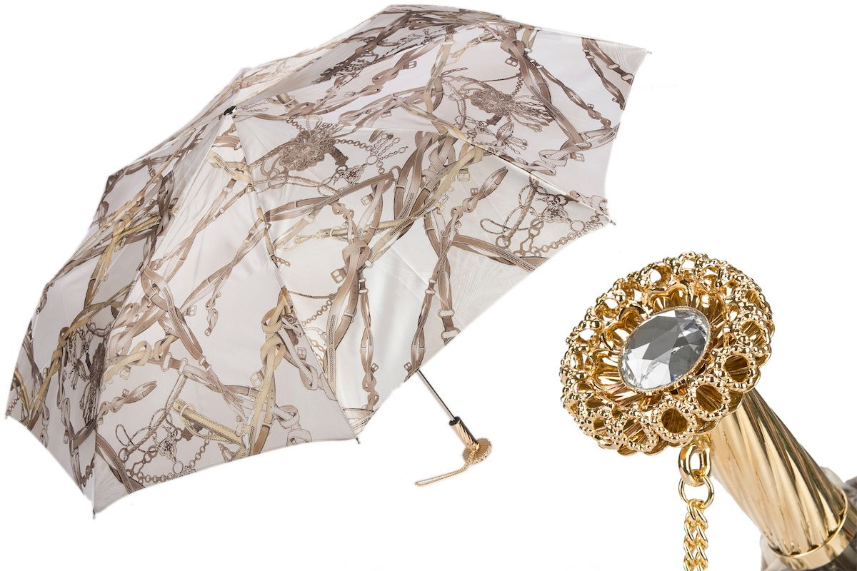 Exclusive Bridles Print White Folding Umbrella – Handmade in Italy