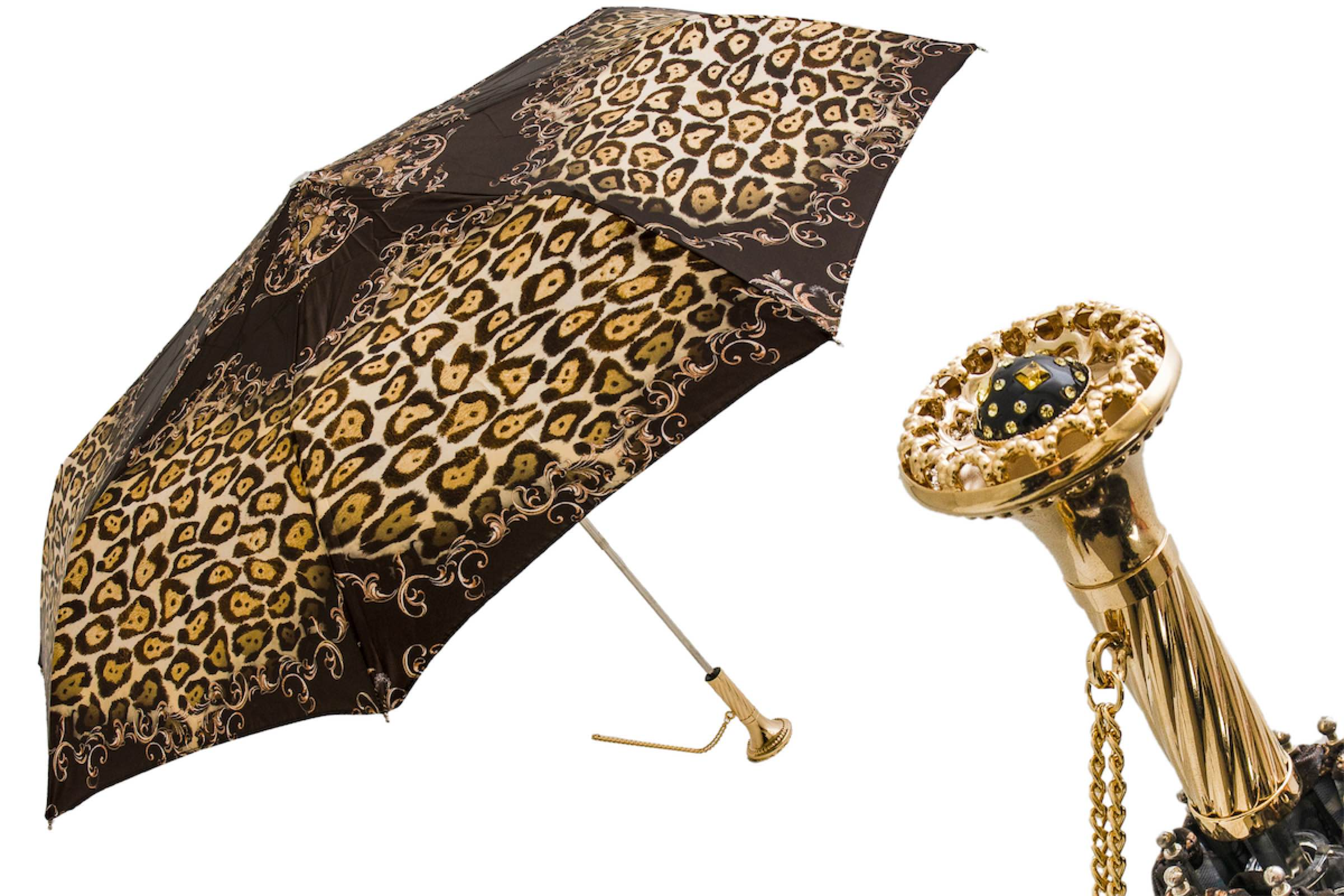 Brass Handle Cheetah Print Folding Manual Opening Umbrella