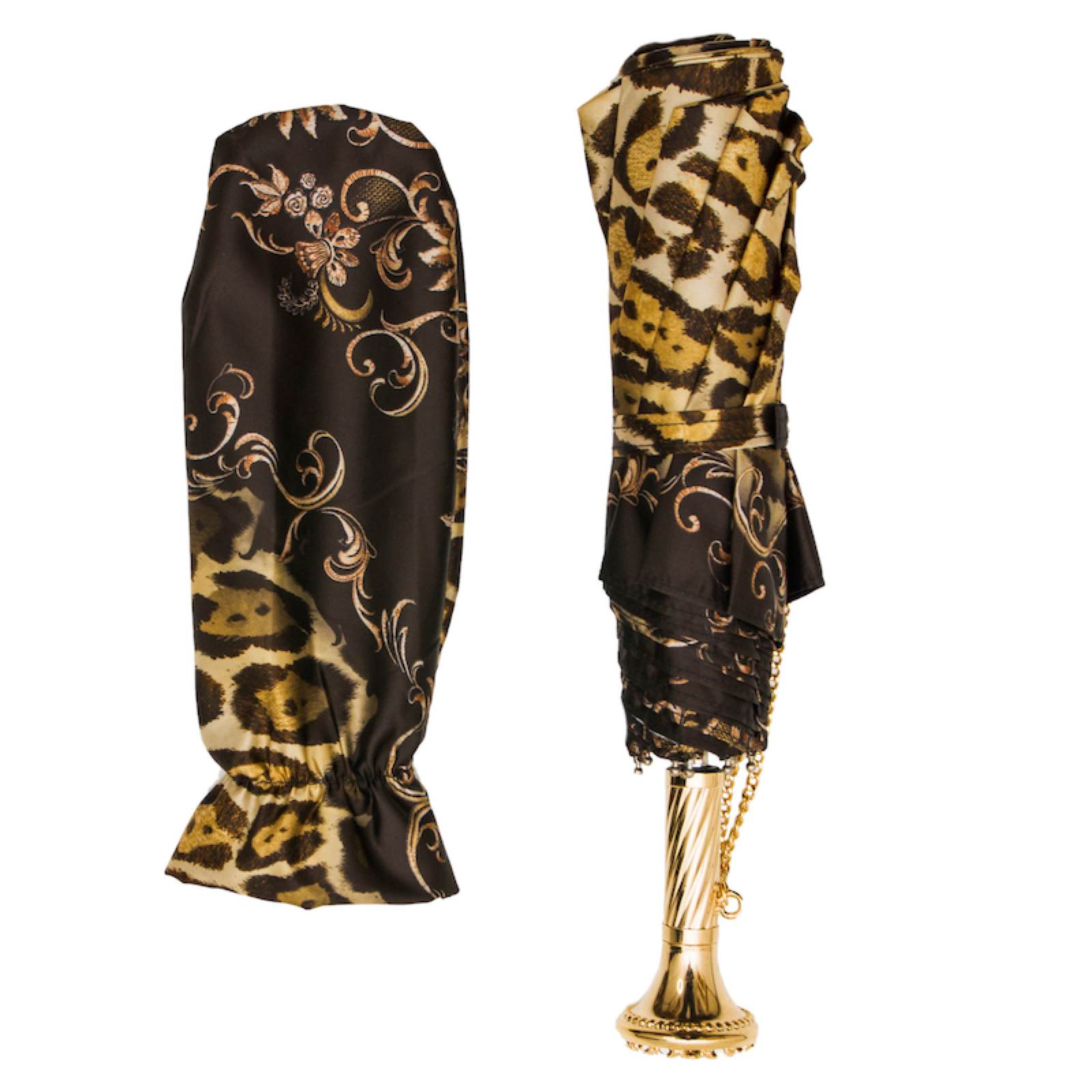 Brass Handle Cheetah Print Folding Manual Opening Umbrella