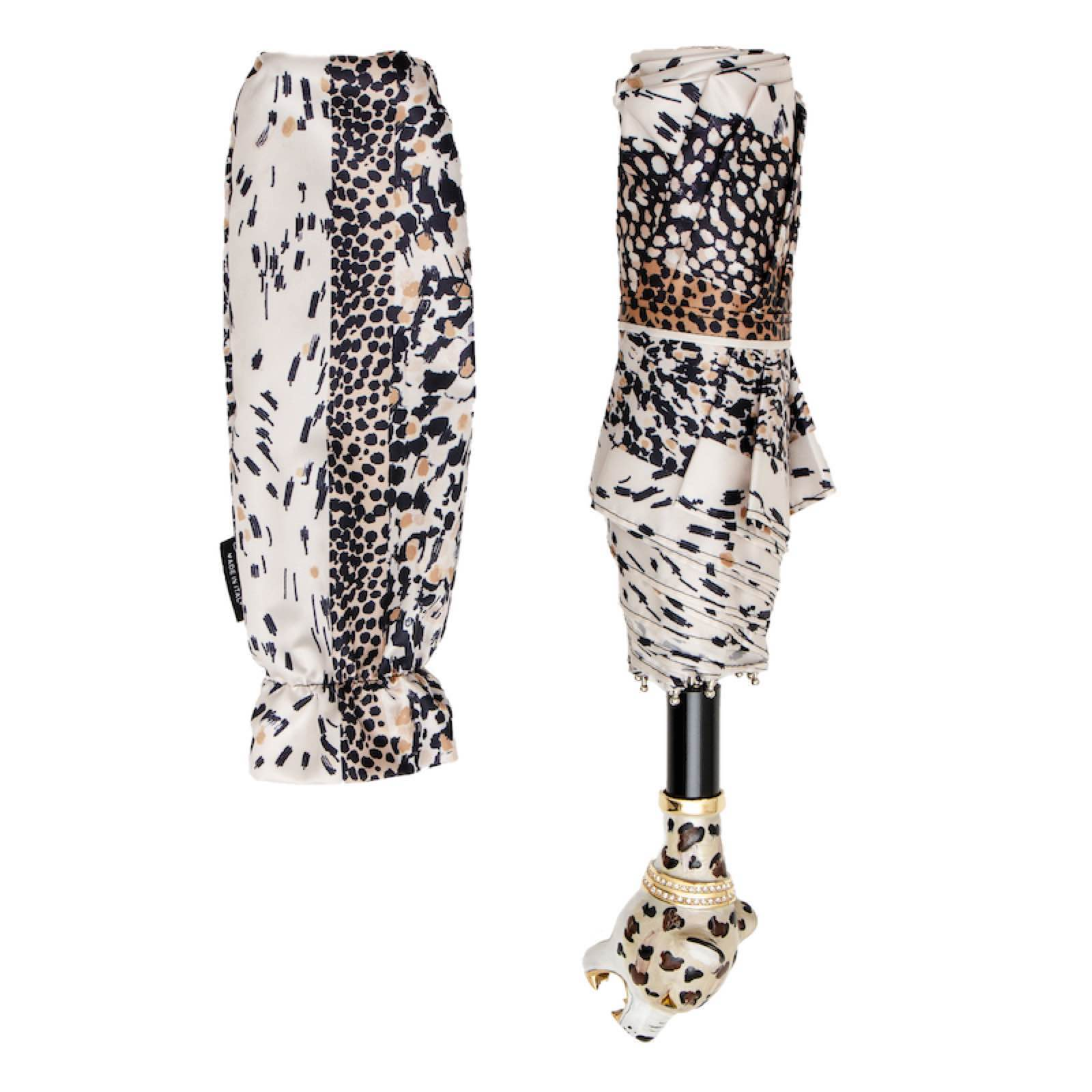 Enameled Brass Handle Jaguar Motif Folding Umbrella – Manual Opening