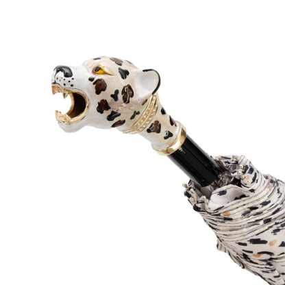 Enameled Brass Handle Jaguar Motif Folding Umbrella – Manual Opening