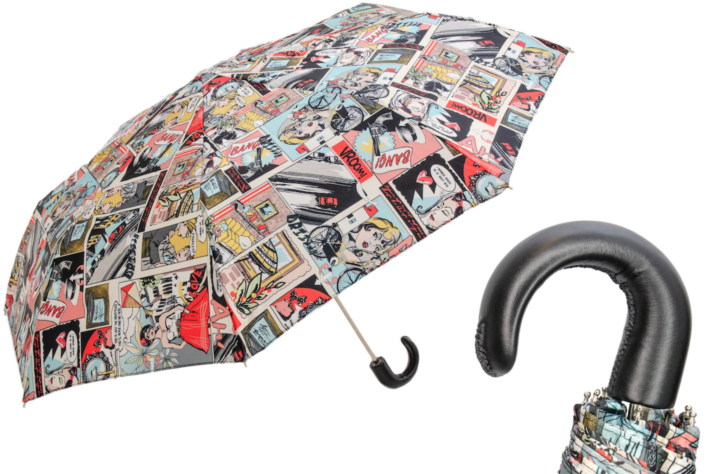 Leather Handle Comics Print Folding Umbrella – Manual Opening