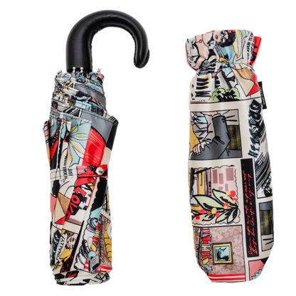 Leather Handle Comics Print Folding Umbrella – Manual Opening