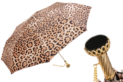 Jeweled Brass Handle Animalier Folding Umbrella – Manual Opening