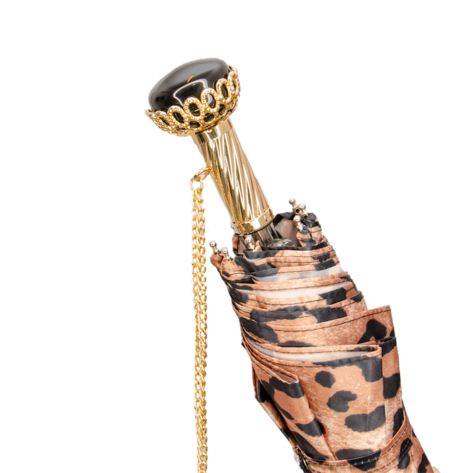 Jeweled Brass Handle Animalier Folding Umbrella – Manual Opening