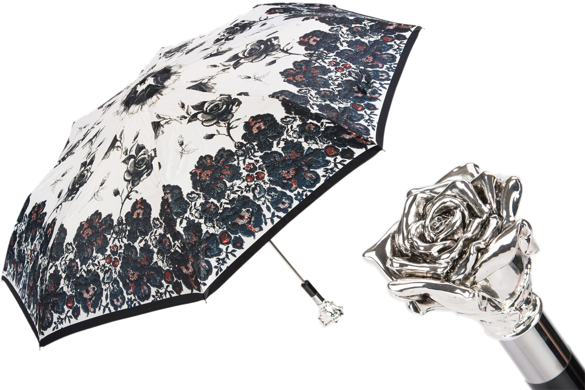 Exclusive Silver Rose Folding Umbrella – Handmade in Italy