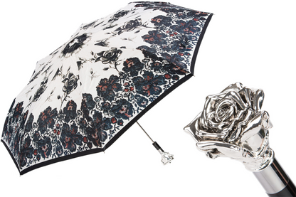 Exclusive Silver Rose Folding Umbrella – Handmade in Italy