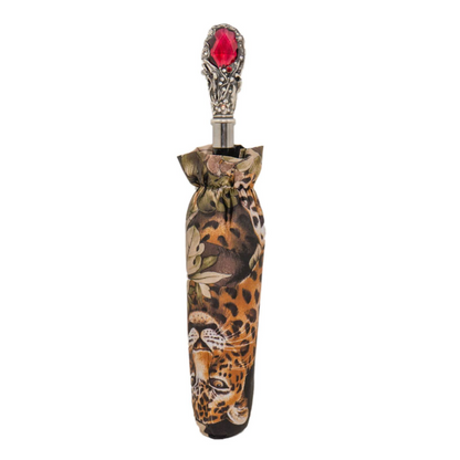 Leopard Folding Umbrella with Red Gem and Crystals – Handmade in Italy