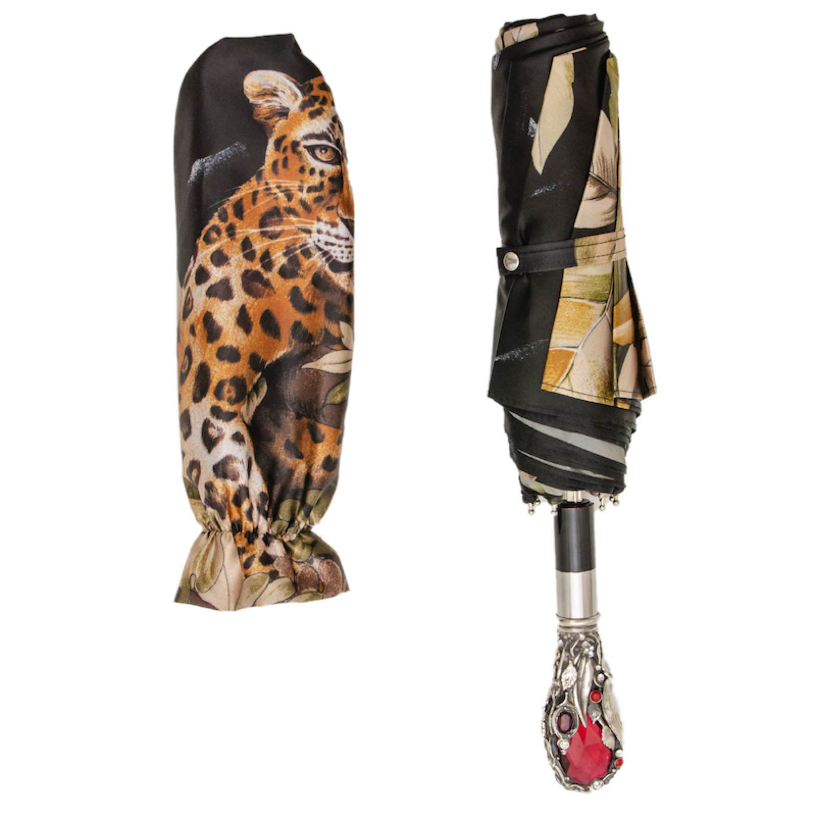 Leopard Folding Umbrella with Red Gem and Crystals – Handmade in Italy