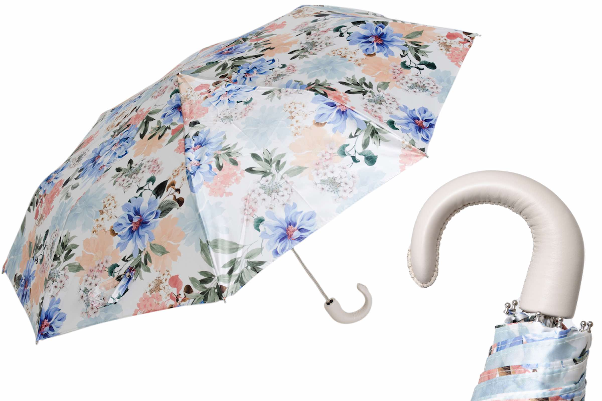 Leather Handle Folding Manual Opening Umbrella with Floral Design