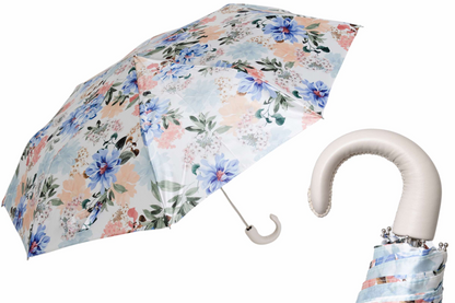 Leather Handle Folding Manual Opening Umbrella with Floral Design