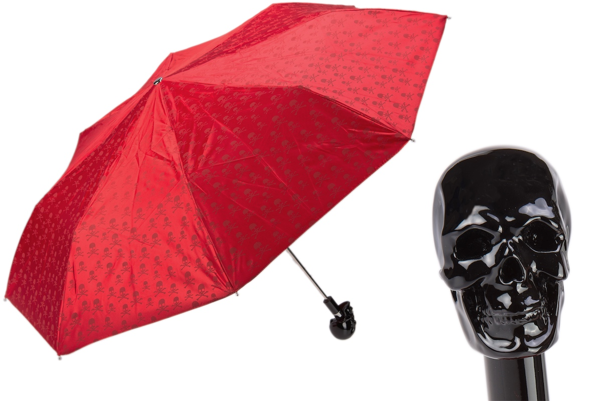 Red Folding Umbrella with Black Skull Handle – Handmade in Italy