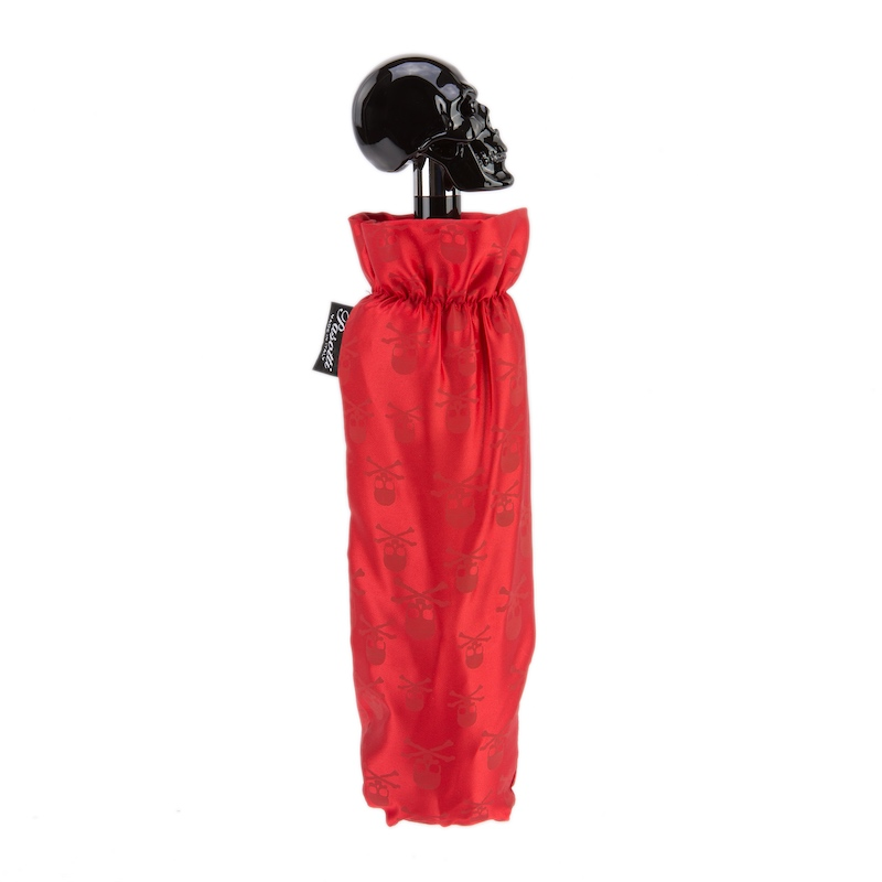 Red Folding Umbrella with Black Skull Handle – Handmade in Italy