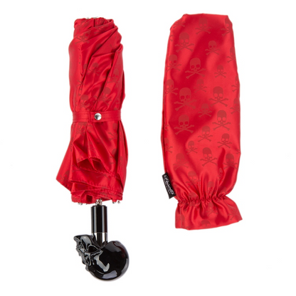 Red Folding Umbrella with Black Skull Handle – Handmade in Italy