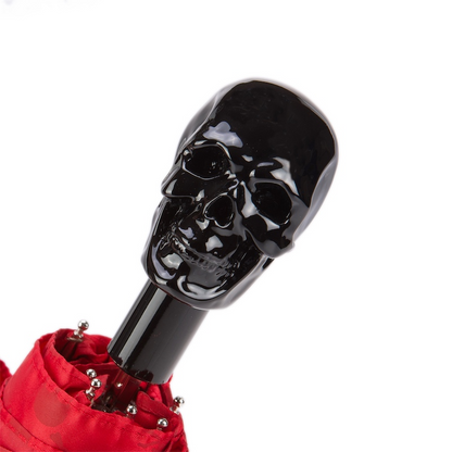 Red Folding Umbrella with Black Skull Handle – Handmade in Italy