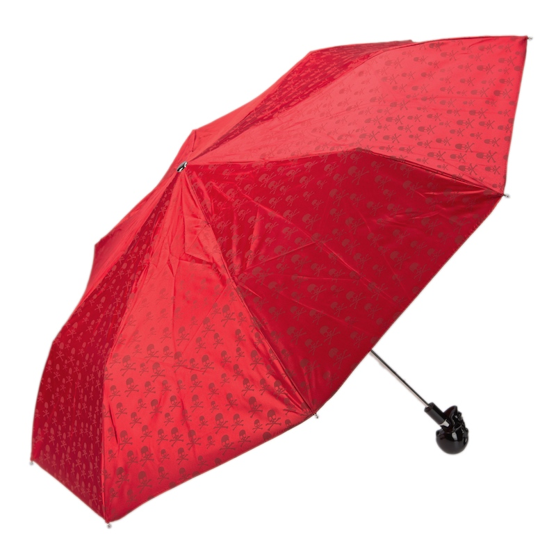 Red Folding Umbrella with Black Skull Handle – Handmade in Italy
