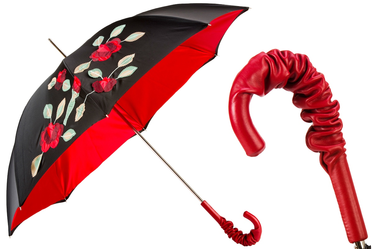 Unique Leather Handle Double Cloth Umbrella with Red Roses