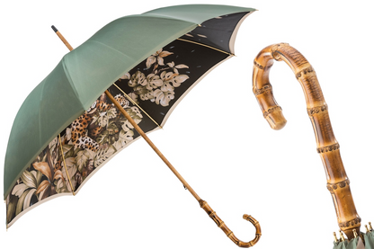Green Double Cloth Umbrella with Wonderful Interior and Bamboo Handle