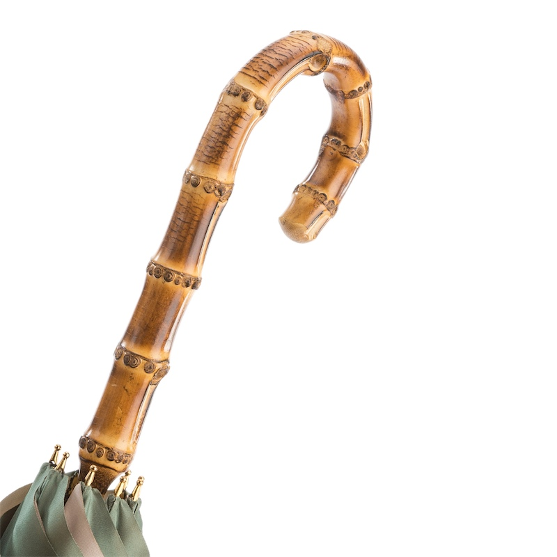 Green Double Cloth Umbrella with Wonderful Interior and Bamboo Handle