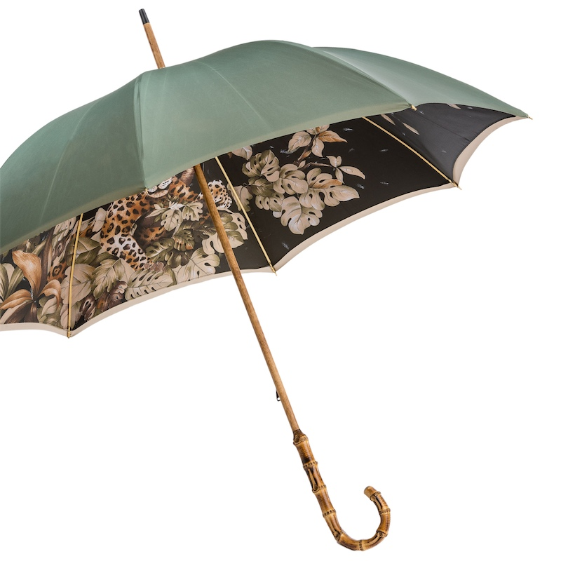 Green Double Cloth Umbrella with Wonderful Interior and Bamboo Handle