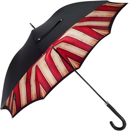 Luxurious Leather Handle Handcrafted Striped Red and Cream Umbrella