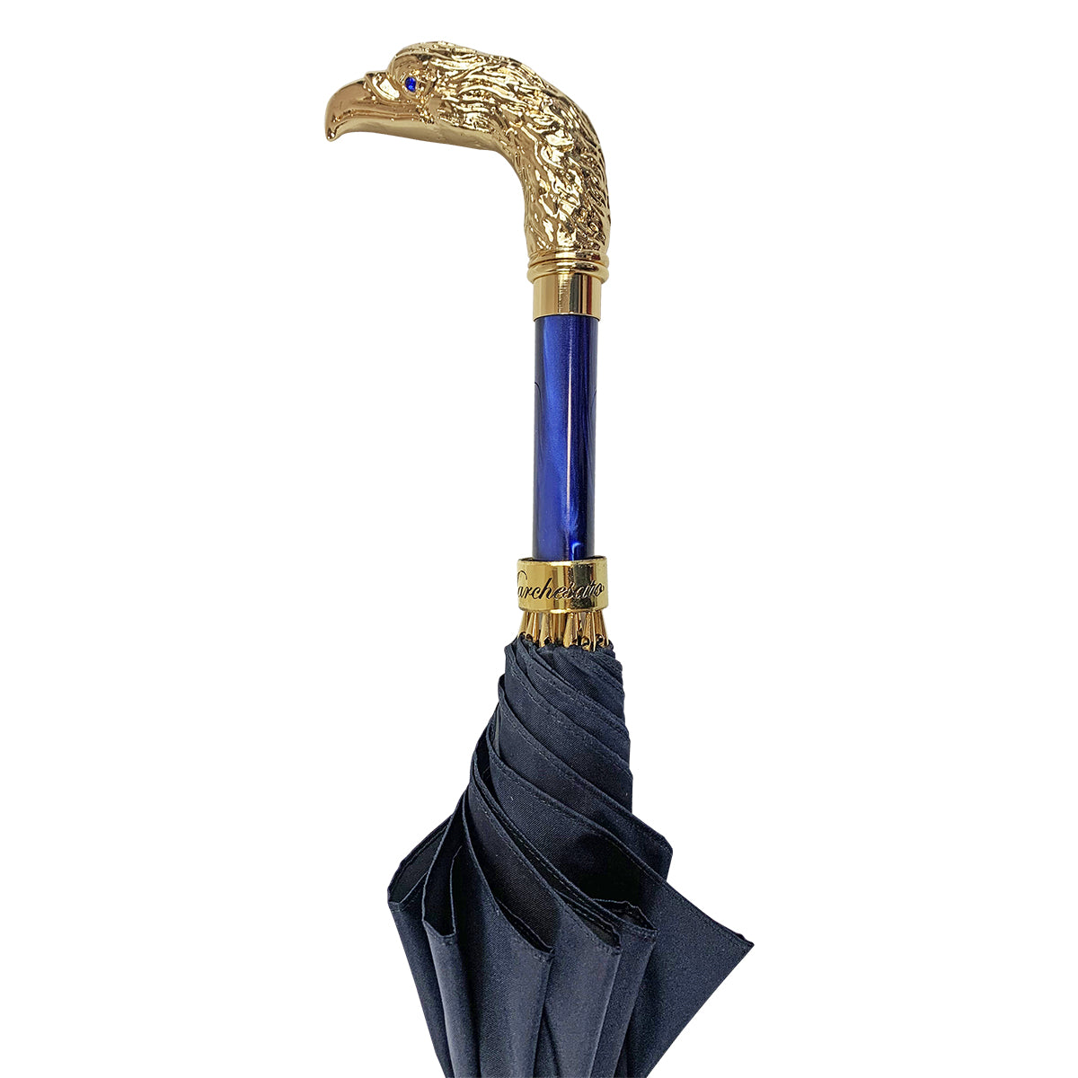 Majestic Blue Gentleman’s Umbrella Featuring a 24K Gold Eagle Handle