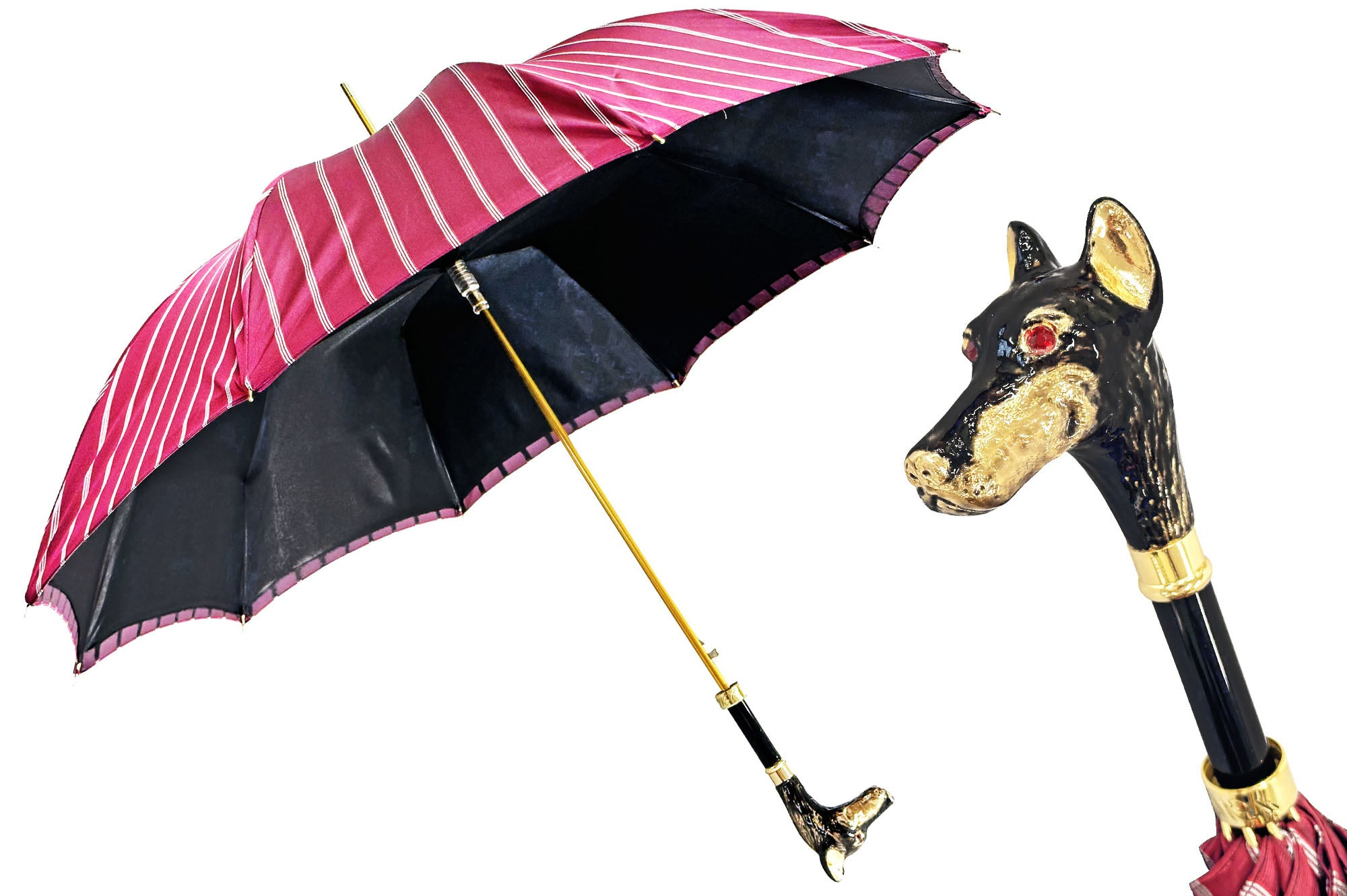 Luxurious Burgundy Umbrella with 24K Gold Dobermann Handle