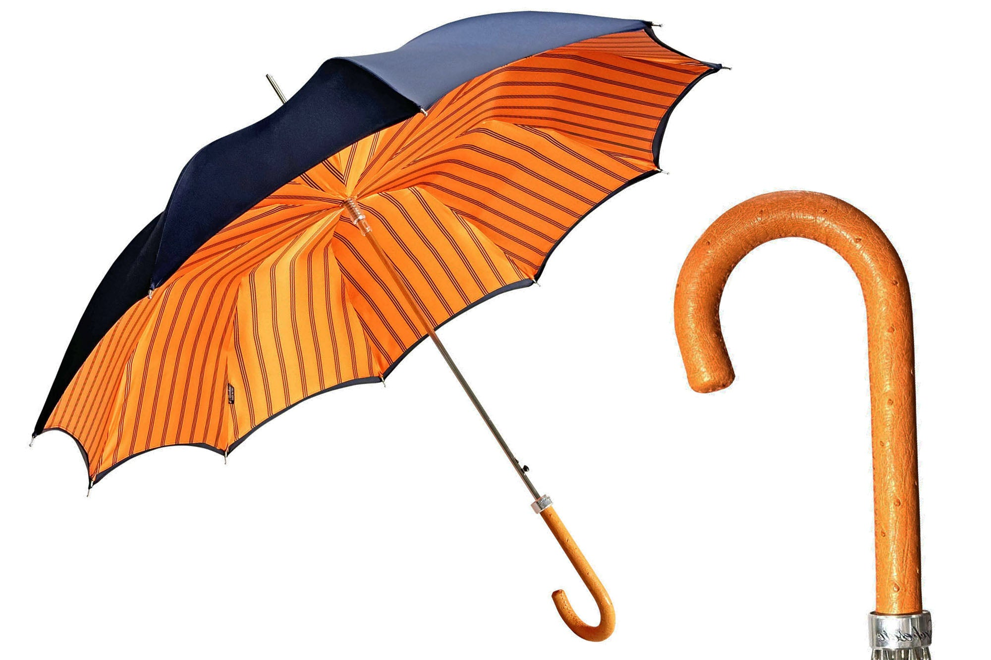 Refined Navy Umbrella with Genuine Orange Ostrich Leather Handle