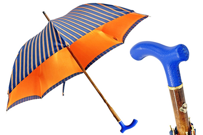 Vibrant Orange Striped Umbrella with Handcrafted Blue Leather Handle