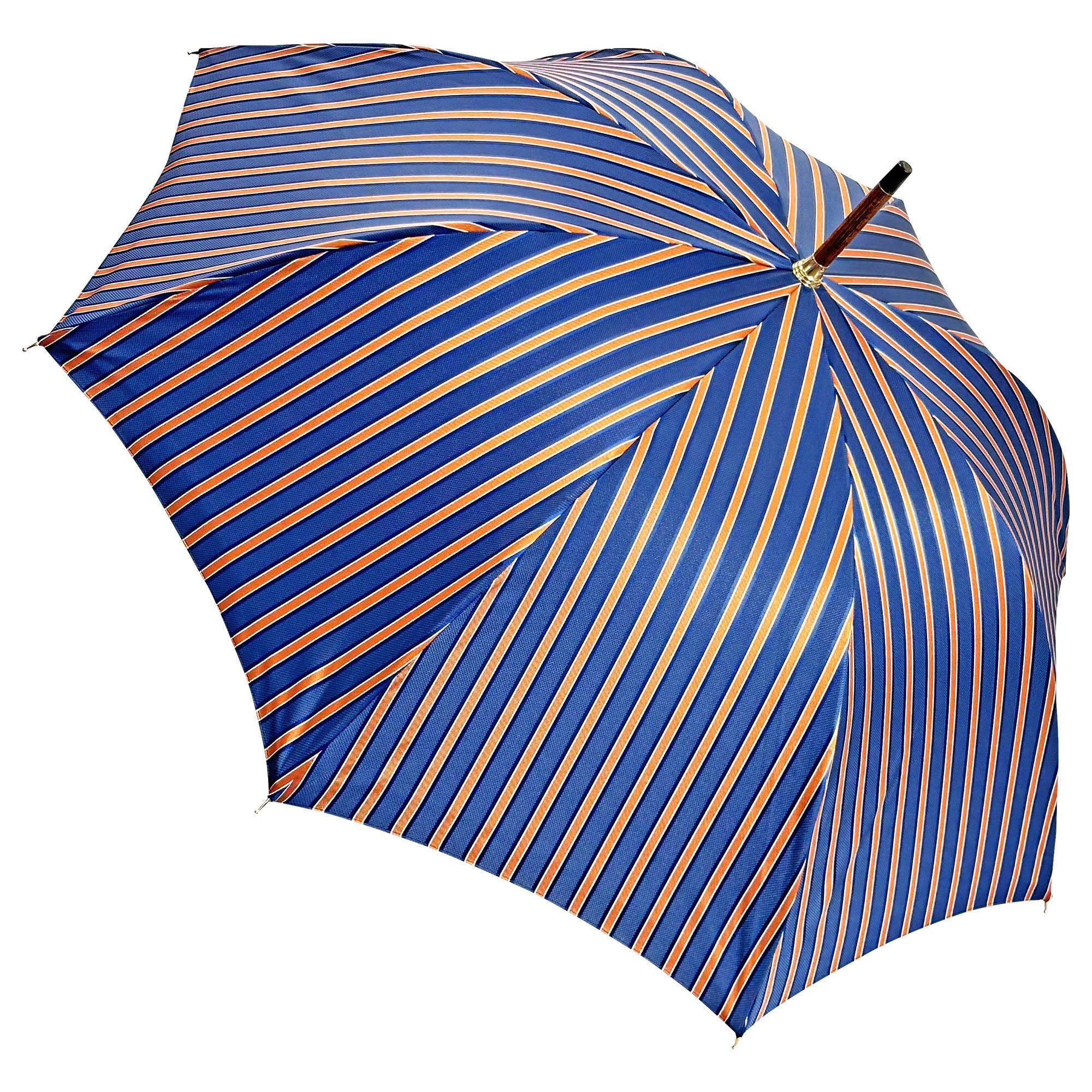 Vibrant Orange Striped Umbrella with Handcrafted Blue Leather Handle