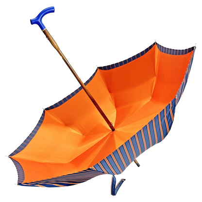 Vibrant Orange Striped Umbrella with Handcrafted Blue Leather Handle